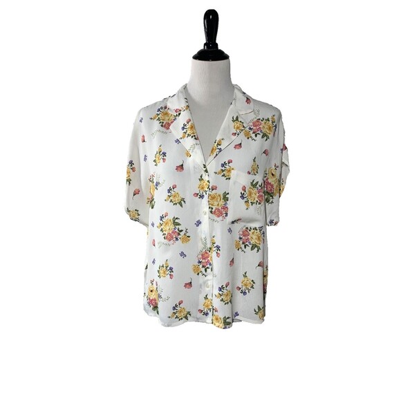 MNG Mango Button Front Blouse Size 1X White Floral Short Sleeve Boxy Airy - Picture 1 of 9